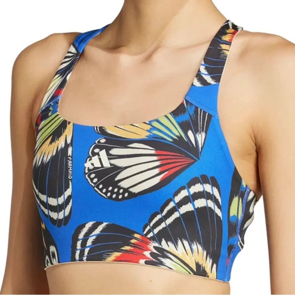Adidas X Farm Rio Blue Multicolor Butterfly Crop Top - Picture 1 of 11